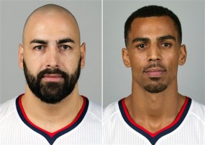 FILE - These Sept. 29, 2014, file photos show Atlanta Hawks NBA basketball players Pero Antic, left, and Thabo Sefolosha. Authorities say Indiana Pacers forward Chris Copeland, his wife and another woman were stabbed outside a Manhattan nightclub after an argument. Police say the victims were hospitalized Wednesday, April 8, 2015, with minor injuries. Police say Atlanta Hawks players Pero Antic and Thabo Sefolosha were arrested for obstructing the crime scene. (AP Photo/File)