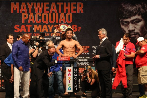 Manny Pacquiao at the MGM Grand Arena on Friday, 1 May 2015 for the official weigh in for his fight with Floyd Mayweather Jr. PHOTO BY REM ZAMORA
