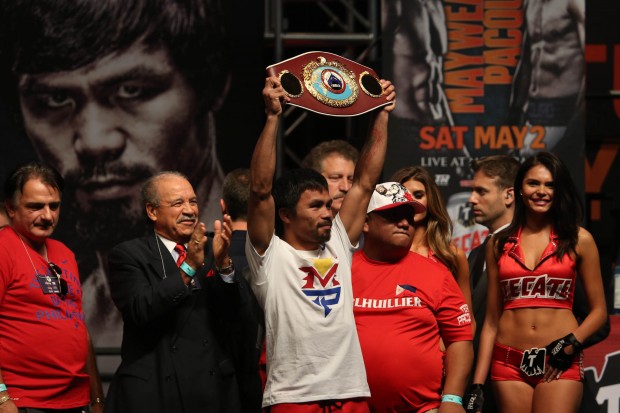 Manny Pacquiao at the MGM Grand Arena on Friday, 1 May 2015 for the official weigh in for his fight with Floyd Mayweather Jr. PHOTO BY REM ZAMORA