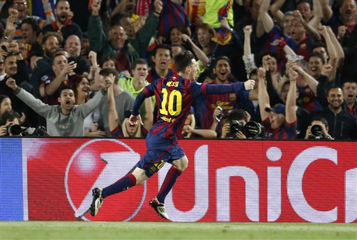 Barcelona players celebrate after scoring their second goal during the Champions League semifinal first leg soccer match between Barcelona and Bayern Munich at the Camp Nou stadium in Barcelona, Spain, Wednesday, May 6, 2015. (AP Photo/Manu Fernandez)