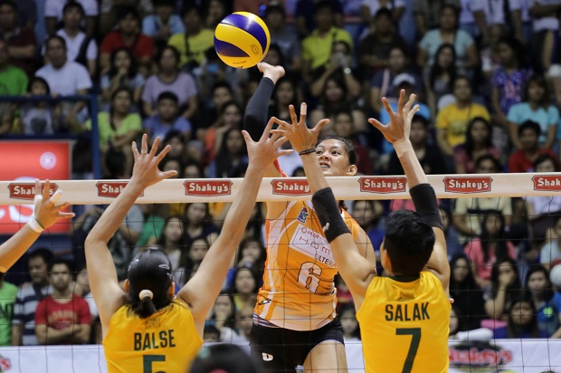 Jaja Santiago goes for the spike.  Photo by Tristan Tamayo/INQUIRER.net