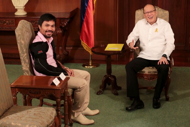 THE PEOPLE'S CHAMP / MAY 13, 2015 President Benigno Aquino III welcomes Rep. Manny Pacquiao during a courtesy call in Malacanan on Wednesday. INQUIRER PHOTO / GRIG C. MONTEGRANDE