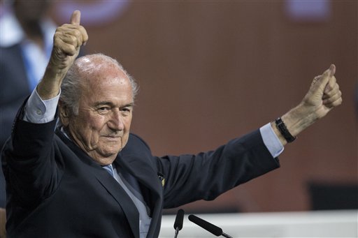FIFA president Sepp Blatter is shown in this May 29, 2015, after his election as President at the Hallenstadion in Zurich, Switzerland.  AP PATRICK B. KRAEMER/KEYSTONE VIA 