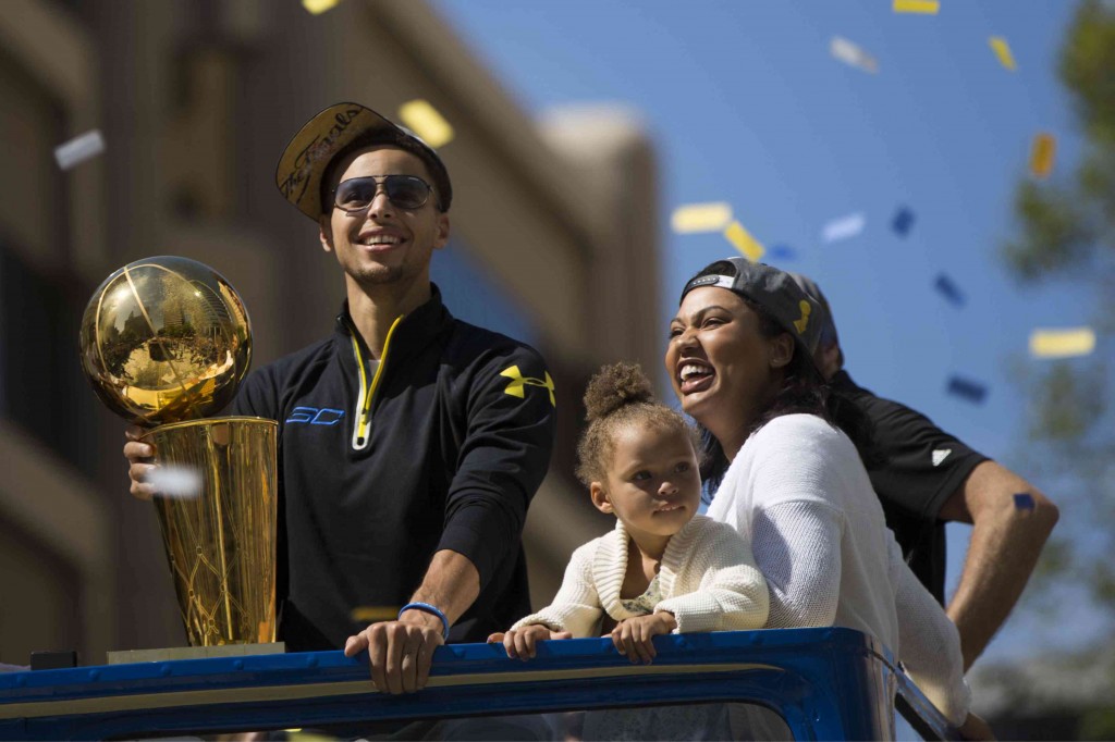 STEPHEN Curry, daughter Riley and wife Ayesha were all smiles  during the Golden State Warriors’ victory parade in Oakland, California, Friday. The Warriors ended their 40-year NBA title drought by beating the Cleveland Cavaliers, 4-2, in the finals.  AFP