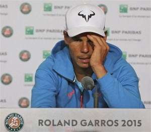 Spain's Rafael Nadal answers questions during a press conference after the quarterfinal match of the French Open tennis tournament against Serbia's Novak Djokovic who won in three sets, 7-5, 6-3, 6-1, at the Roland Garros stadium, in Paris, France, Wednesday, June 3, 2015. AP PHOTO