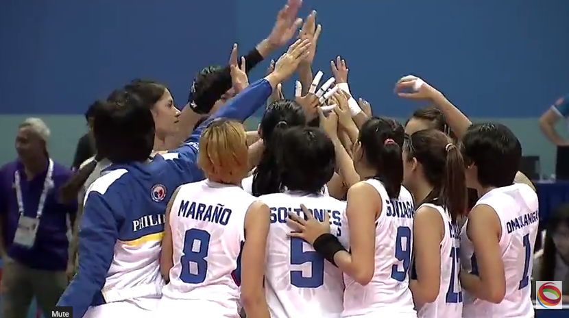 Members of the Philippine women's volleyball team celebrate after their straight-set victory against Malaysia. Screengrab from SEA Games YouTube account. 