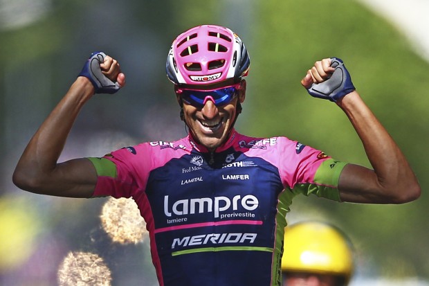 Spain's Ruben Plaza Molina celebrates as he crosses the finish line to win the sixteenth stage of the Tour de France cycling race over 201 kilometers (124.9 miles) with start in Bourg-de-Peage and finish in Gap, France, Monday, July 20, 2015. (AP Photo/Peter Dejong)