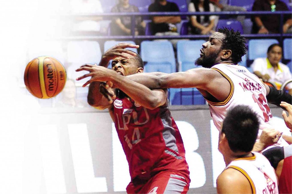PERPETUAL Help’s Bright Akhuetie (right) and Lyceum’s Guy Mbida battle for possession in yesterday’s game at Filoil Flying V Arena. AUGUST DELA CRUZ