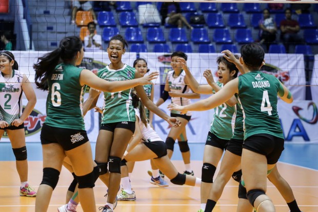 Lady Patriots celebrate victory which puts them in the V-League quarterfinals. Photo by Tristan Tamayo/INQUIRER.net