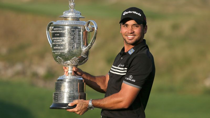 Jason Day, of Australia, holds up the Wanamaker Trophy after winning the PGA Championship golf tournament Sunday, Aug. 16, 2015, at Whistling Straits in Haven, Wis. (AP Photo/Chris Carlson)