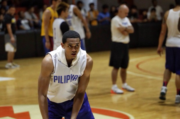 Gilas head coach Tab Baldwin also got excited with the presence of Jordan Clarkson during Wednesday night's practice at Meralco Gym. Tristan Tamayo/INQUIRER.net