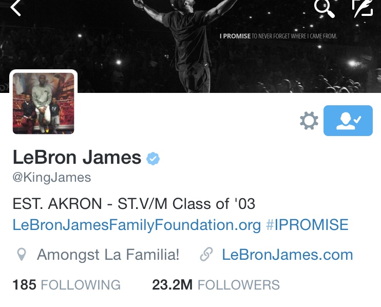 LeBron's Twitter account with over 23M followed. 