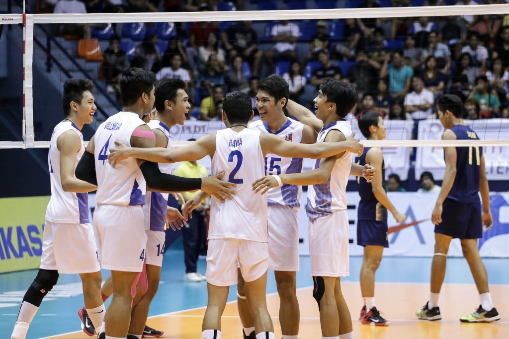 Ateneo celebrates after surprisingly dominating NU in three sets in a battle of two unbeaten teams Monday. Tristan Tamayo/INQUIRER.net