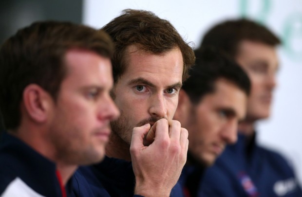 Britain's tennis star  Andy Murray, centre, looks on during press conference in Glasgow Scotland Wednesday Sept. 16, 2015. Britain play Australia in a Davis Cup semifinal starting on Friday. (Andrew Milligan/PA via AP) UNITED KINGDOM OUT  NO SALES NO ARCHIVE