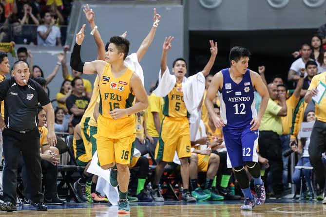 The FEU Tamaraws had every reason to celebrate during their 24-point rout of the Ateneo Blue Eagles Sunday at Mall of Asia Arena. Tristan Tamayo/INQUIRER.net