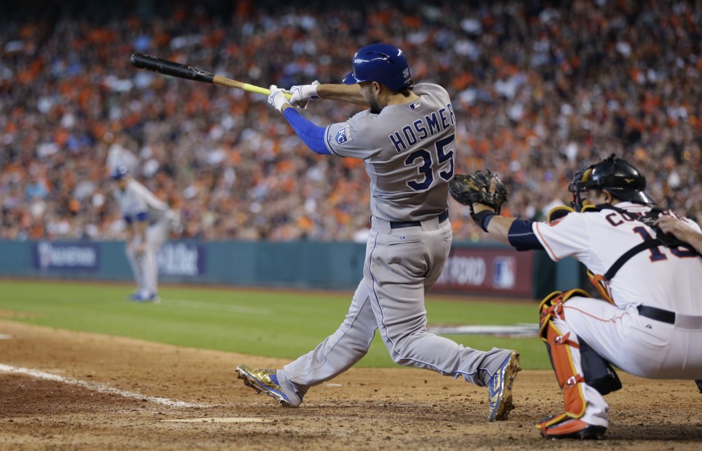 Kansas City Royals' Eric Hosmer (35) hits a two-run home run against the Houston Astros in the ninth inning during Game 4 of baseball's American League Division Series, Monday, Oct. 12, 2015, in Houston. (AP Photo/David J. Phillip)
