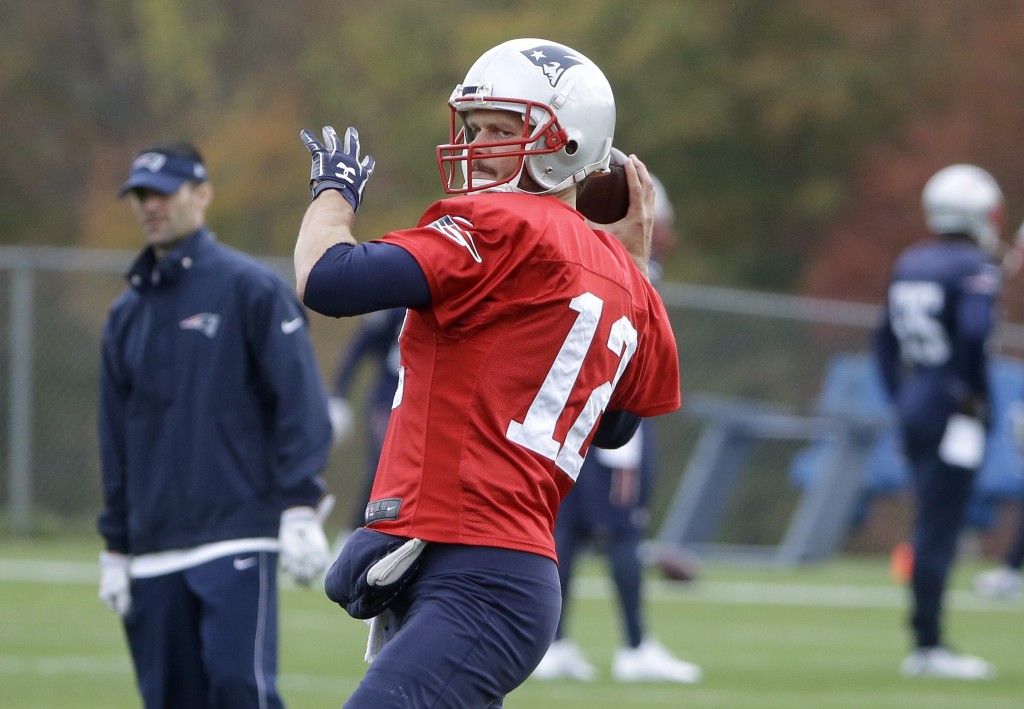 New England Patriots quarterback Tom Brady passes during an NFL football practice, Wednesday, Oct. 21, 2015, in Foxborough, Mass. The New York Jets are to play the Patriots Sunday, Oct. 25 in Foxborough. (AP Photo/Steven Senne)