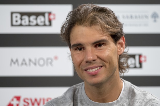 Spain's Rafael Nadal sattends a news conference at the Swiss Indoors tennis tournament in  Basel, Switzerland, on Saturday, Oct. 24, 2015. (Georgios Kefalas/Keystone via AP)