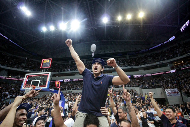 Head coach Aldin Ayo celebrates after the Knights nab championship. Photo by Tristan Tamayo/INQUIRER.net
