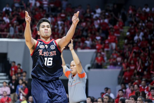 Photo: Kevin Racal celebrates a 3-point basket. Photo by Tristan Tamayo/INQUIRER.net 