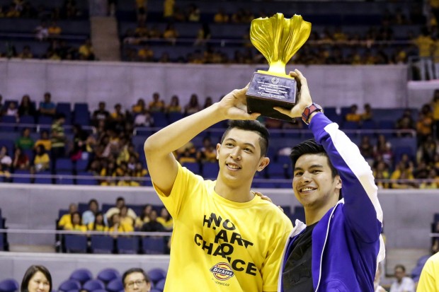 Kiefer Ravena and Kevin Ferrer sharing the MVP trophy.  Photo by Tristan Tamayo/INQUIRER.net