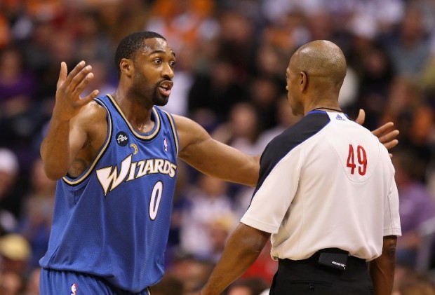 FILE - Gilbert Arenas #0 of the Washington Wizards reacts to a call from referee Tom Washington during the NBA game against the Phoenix Suns at US Airways Center on December 19, 2009 in Phoenix, Arizona.  Christian Petersen/Getty Images/AFP