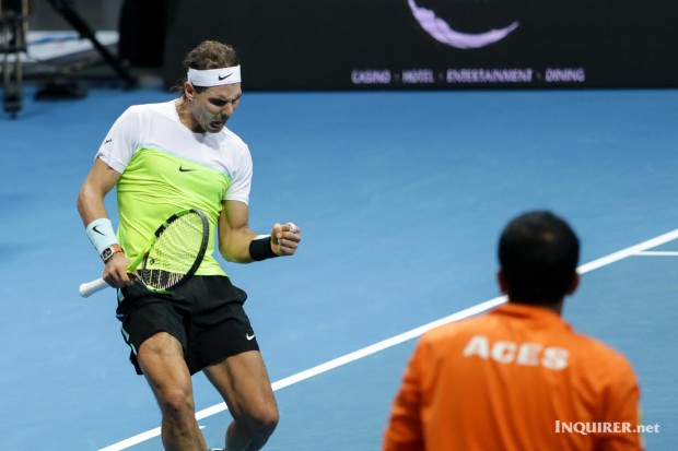 Rafael Nadal celebrates a point as his Indian Aces went up against Serena WilliamsÕ PH Mavericks in day 3 of the IPTL Manila Leg. Photo by Tristan Tamayo/INQUIRER.net