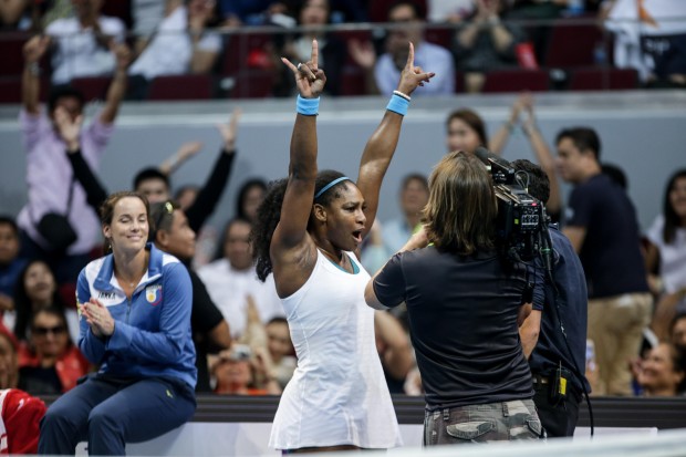 Serena Williams celebrates a point during the Philippine Mavericks' match in day 3 of the IPTL. Photo by Tristan Tamayo/INQUIRER.net