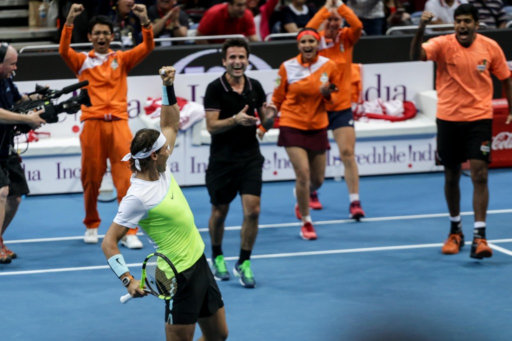 Rafael Nadal celebrations a point as his Indian Aces went up against Serena WilliamsÕ PH Mavericks in day 3 of the IPTL Manila Leg. Photo by Tristan Tamayo/INQUIRER.net