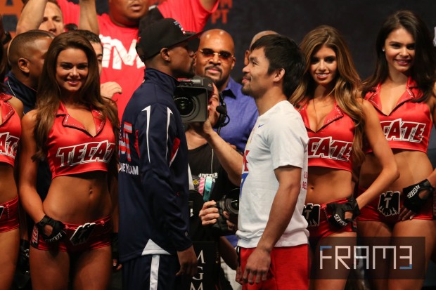 Manny Pacquiao and Floyd Mayweather Jr. after their official weigh in at the MGM Grand in Las Vegas, Nevada on Friday, 1 May 2015. PHOTO BY REM ZAMORA/INQUIRER