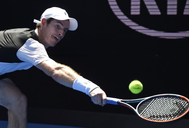 Andy Murray of Britain streaches for a backhand during his first round win over Alexander Zverev of Germany at the Australian Open tennis championships in Melbourne, Australia, Tuesday, Jan. 19, 2016.(AP Photo/Andrew Brownbill)