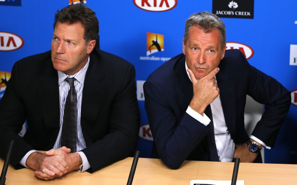 ATP chairman Chris Kermode, right,  and vice chairman Mark Young listen to reporter's question during a press conference at the Australian Open tennis championships in Melbourne, Australia, Monday, Jan. 18, 2016. Chairman Kermode and the Tennis Integrity United have rejected news reports that match-fixing has gone unchecked in the sport. In reports published on the morning the Australian Open began, the BBC and BuzzFeed News said secret files exposed evidence of widespread suspected match-fixing at the top level of world tennis. (AP Photo/Shuji Kajiyama)