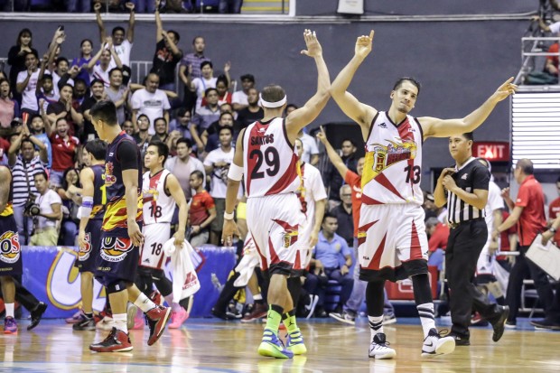 San Miguel celebrates return to the PBA Finals. Photo by Tristan Tamayo/INQUIRER.net