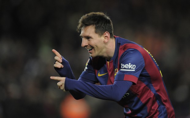 FILE - FC Barcelona's Lionel Messi, from Argentina, reacts after scoring during a Spanish La Liga soccer match against Espanyol at the Camp Nou stadium in Barcelona, Spain, Sunday, Dec. 7, 2014. AP