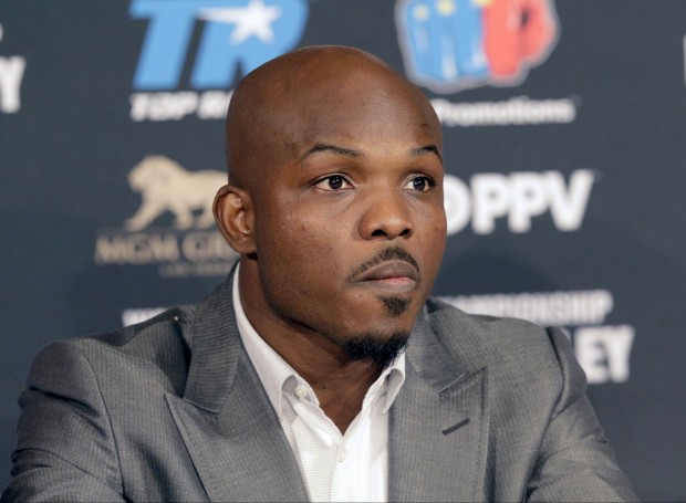 Timothy Bradley Jr., takes questions during a news conference in Beverly Hills, Calif., on Tuesday, Jan. 19, 2016. Bradley is scheduled to face Manny Pacquiao on April 9 in Las Vegas for Bradley's WBO welterweight boxing title.(AP Photo/Nick Ut)