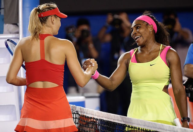 Serena Williams of the US, right, is congratulated by Maria Sharapova of Russia after winning the women's singles final at the Australian Open tennis championship in Melbourne, Australia, Saturday, Jan. 31, 2015. AP