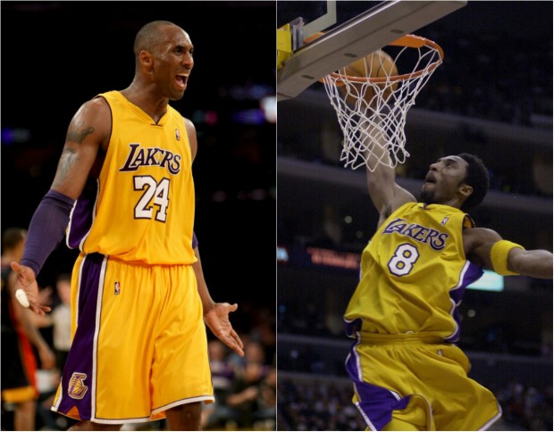 Los Angeles Lakers' Kobe Bryant wearing jersey no. 24 and no. 8. Photos from AFP