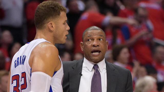 Los Angeles Clippers' Blake Griffin talks to his head coach Doc Rivers. AP