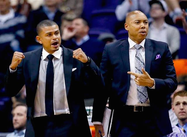 Phoenix Suns head coach Earl Watson, left, and assistant coach Corey Gaines react to a call during the second half of an NBA basketball game against the Toronto Raptors, Tuesday, Feb. 2, 2016, in Phoenix. AP