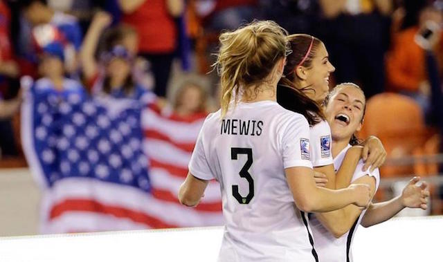 United States' Alex Morgan, center, celebrates her goal with Samantha Mewis (3) and Kelley O’Hara, right, against Trinidad and Tobago during the second half of a CONCACAF Olympic women's soccer qualifying championship semifinal Friday, Feb. 19, 2016, in Houston. The U.S. won 5-0. AP
