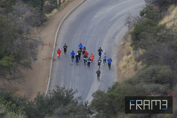 FILE -- Manny Pacquiao with his team jogs at the Griffith Park on the way to Dante's Peak as part of his morning training exercises before his fight with Floyd Mayweather Jr. Rem Zamora/INQUIRER
