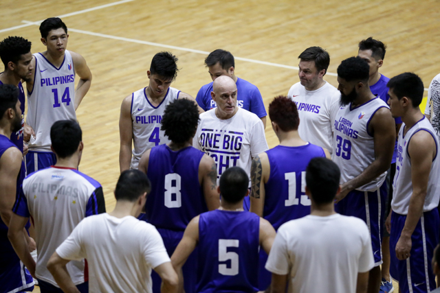 Gilas Pilipinas head coach Tab Baldwin gathers his team before wrapping up Monday night's practice at Moro Lorenzo Sports Center in Ateneo. Tristan Tamayo/INQUIRER.net