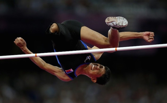 Andy Avellana from Philippines competes in the men's high jump F42 classification final during the athletics competition at the 2012 Paralympics, Monday, Sept. 3, 2012, in London. AP