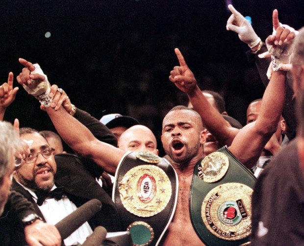 FILE -- Roy Jones Jr. of the US celebrates after beating compatriot Richard Hall 13 May, 2000 during their Light Heavyweigh title fight at the Conseco Fieldhouse in Indianapolis, IN. Jones won the fight by TKO in the eleventh round.  AFP PHOTO  John RUTHROFF / AFP PHOTO / JOHN RUTHROFF