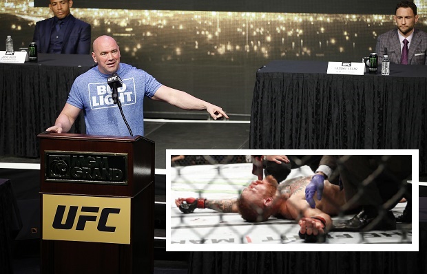 UFC president Dana White speaks beside an empty chair where Conor McGregor was supposed to sit during a news conference for UFC 200, Friday, April 22, 2016, in Las Vegas. (AP Photo/John Locher)