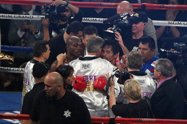 Manny Pacquiao and TImothy Bradley Jr. after their fight at the MGM Grand Garden Arena in Las Vegas, April 9, 2016. Pacquiao beats Bradley via unanimous decision in his "last fight."     PHOTO BY REM ZAMORA