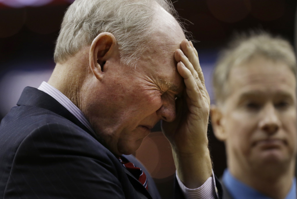 FILE - In this Dec. 21, 2015 file photo, Sacramento Kings coach George Karl pauses during a timeout during the first half of an NBA basketball game against the Washington Wizards, in Washington. AP File photo