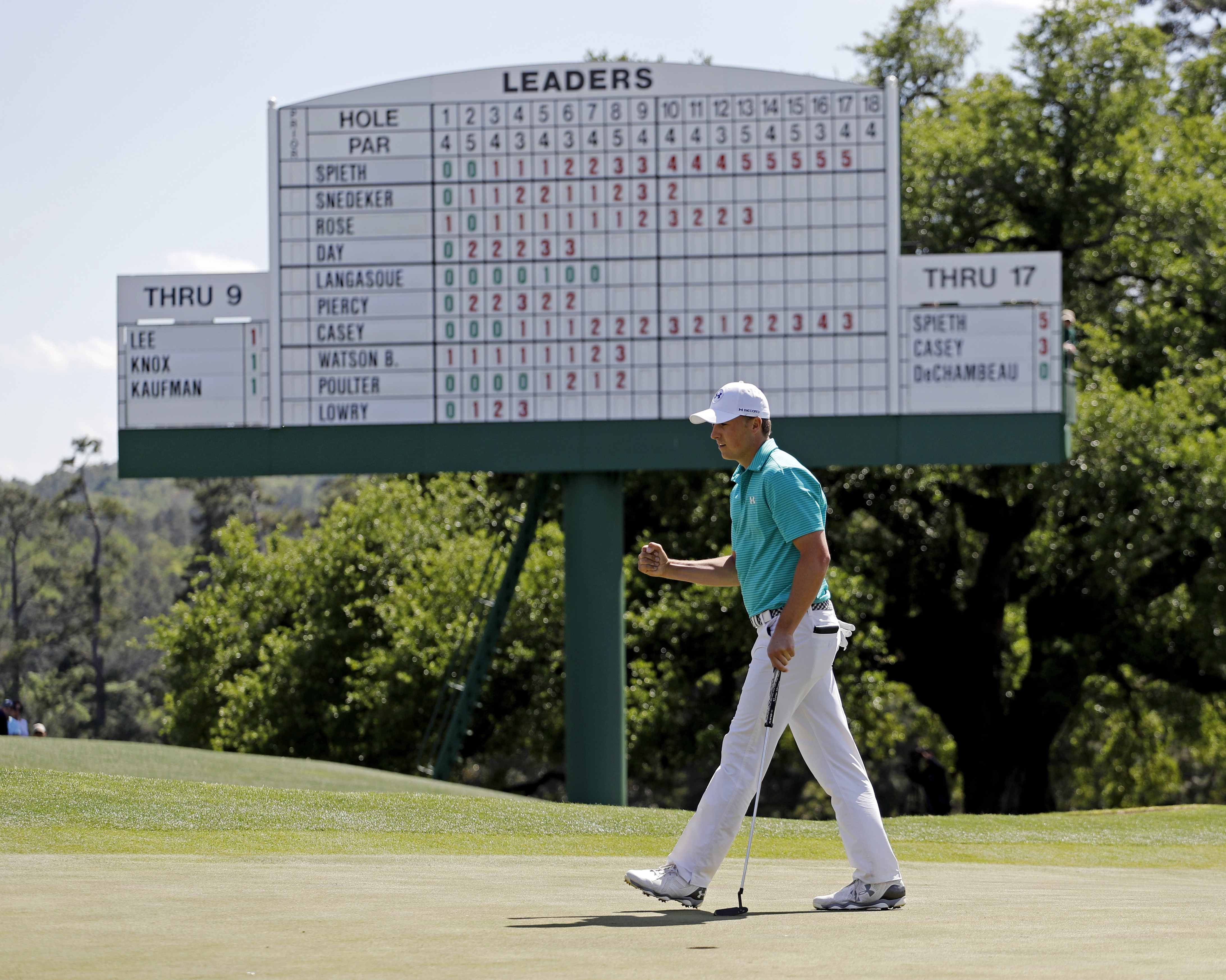 Jordan Spieth punches the air after a birdie on the 18th hole during the first round of the Masters golf tournament Thursday, April 7, 2016, in Augusta, Georgia. AP
