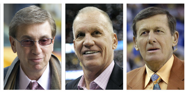 FILE - This combination of file photos shows Marv Albert, from left, in 2009, Doug Collins in 2013 and Craig Sager in 2016. Albert will call Olympic basketball this summer for the first time since 1996. NBC announced its hoops commentator teams for Rio on Tuesday, April 12, 2016. Albert is set to be joined by analyst Collins and reporter Sager on the U.S teams games. (AP Photo/File)