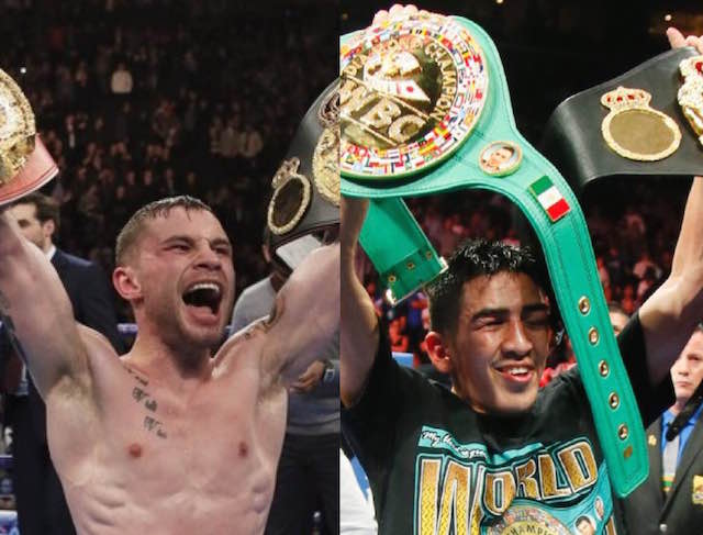 Undefeated fighters Carl Frampton, right, and Leo Santa Cruz square off for the WBA featherweight title on July 30 in Brooklyn.
